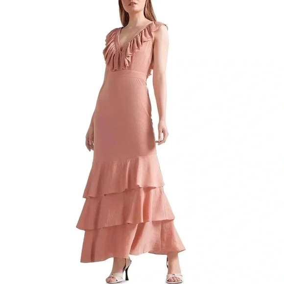 NWT Ted Baker London Ashleigh Crinkle Crepe Ruffle Dusty Pink Maxi Dress Size 5 - Picture 2 of 6